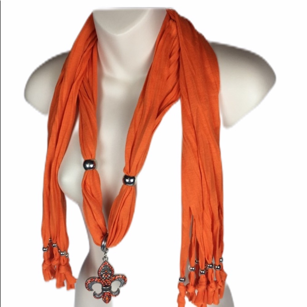 Fleur de lis Design Jeweled Orange Scarf